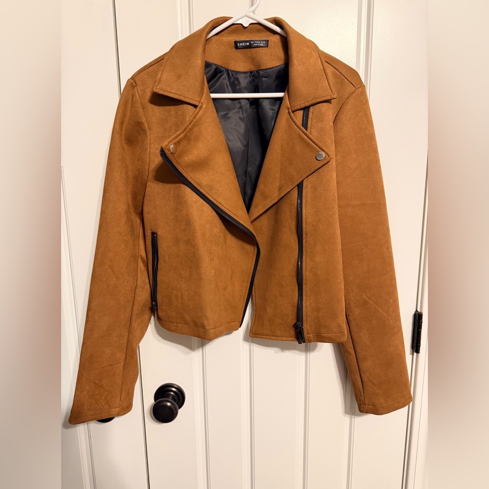 SHEIN Brown Suede-Look Cropped Moto Jacket